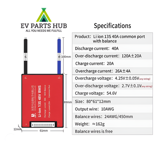 DALY BMS 13S 48V 40A Li-ion Battery Protection Module PCB Protection Board with Balance Leads BMS for 18650 Battery Pack 48V(Standard BMS,40A)